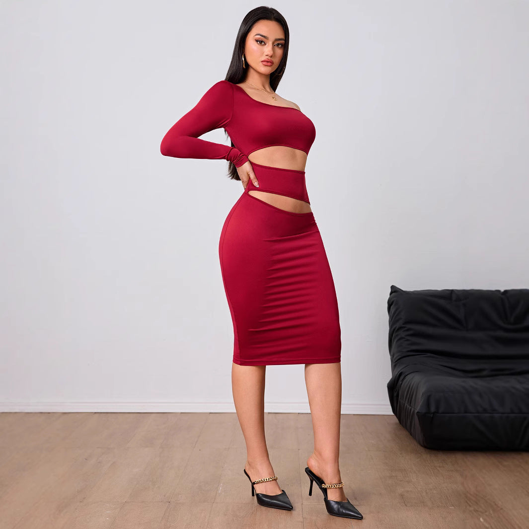 Women Clothing Wine Red Socialite Dress Autumn Winter Single Side Sleeve Midi Dress