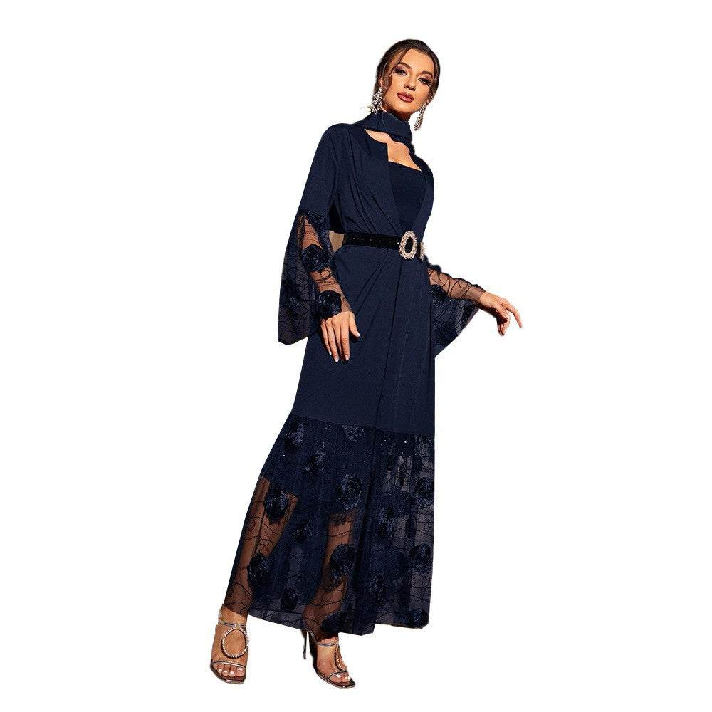 Women Coat Arab Autumn Women Mesh Sleeve Cardigan Coat Long Shawl Navy Blue