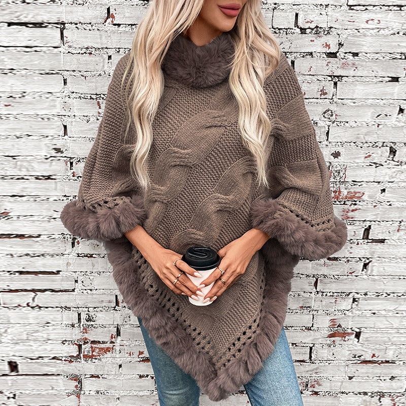 Women Clothing Autumn Winter Imitation Rex Rabbit Fur Collar Thick Cable Knit Pullover Sweater Cloak