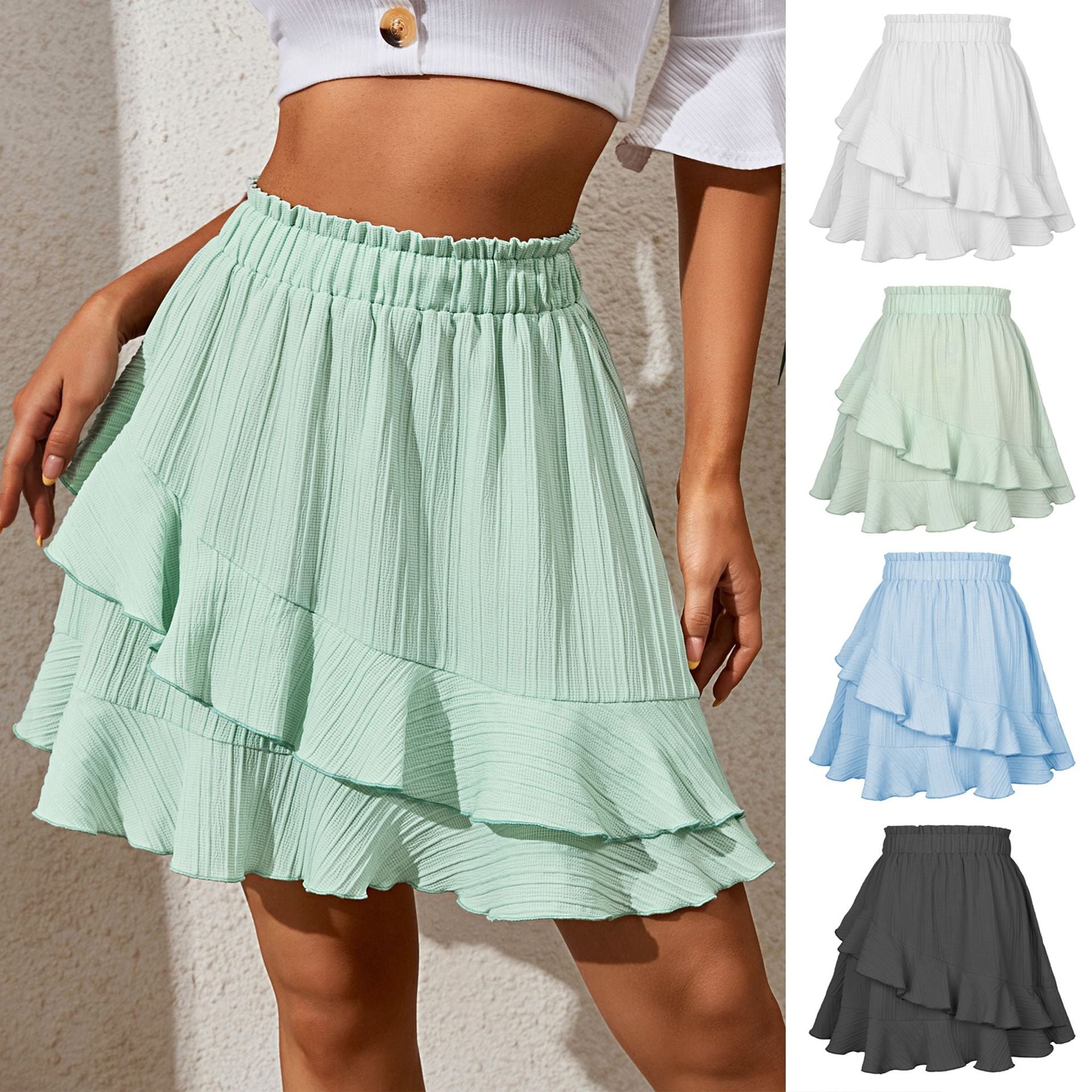 Summer Ruffled Skirt Women Clothing High Waist Irregular Asymmetric Solid Color Skirt