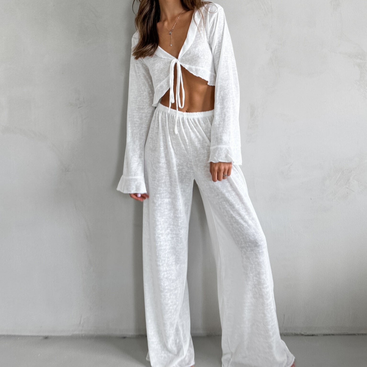 V neck Knitted Tied Lotus Leaf Cropped Top Trousers Fall Winter Two Piece Sets