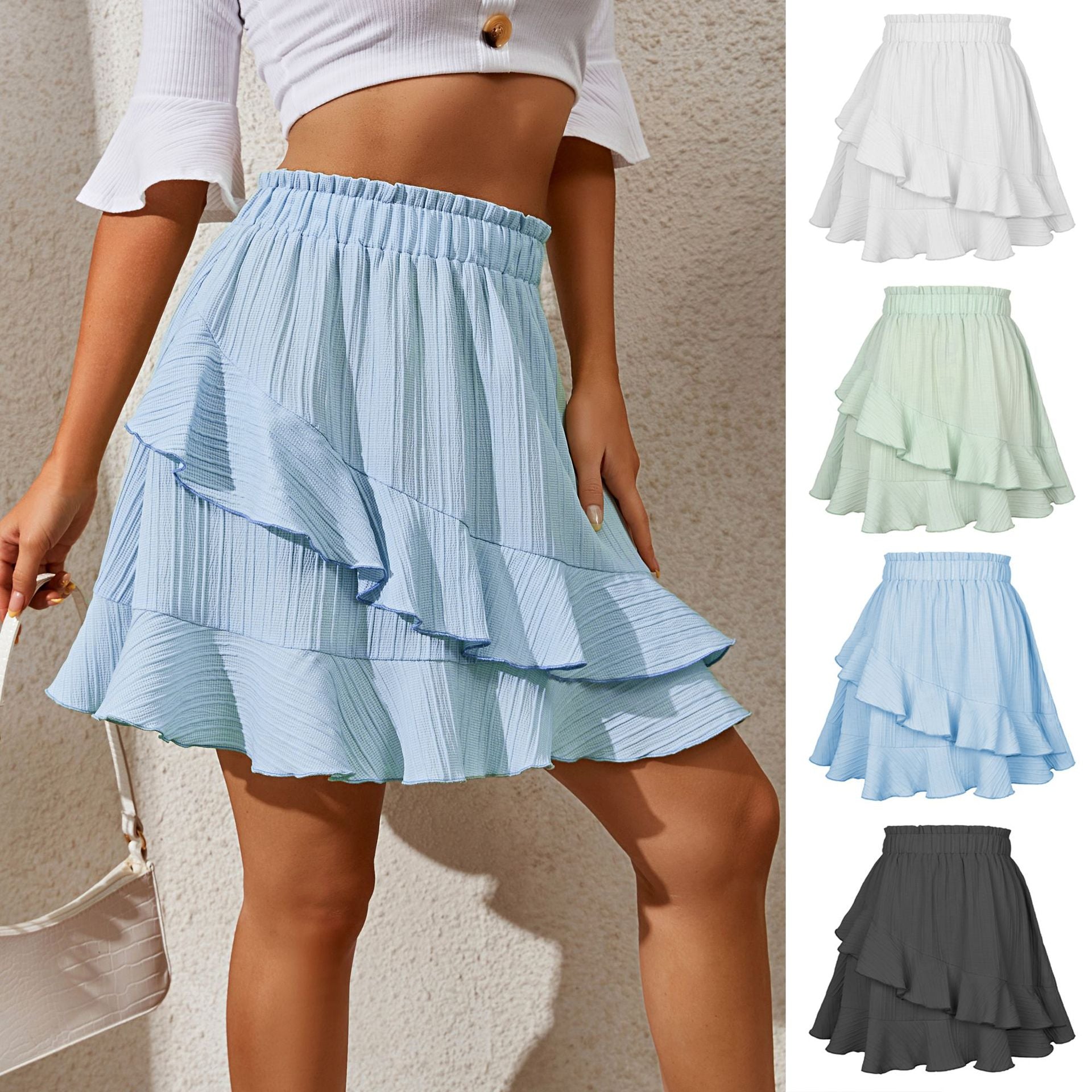 Summer Ruffled Skirt Women Clothing High Waist Irregular Asymmetric Solid Color Skirt