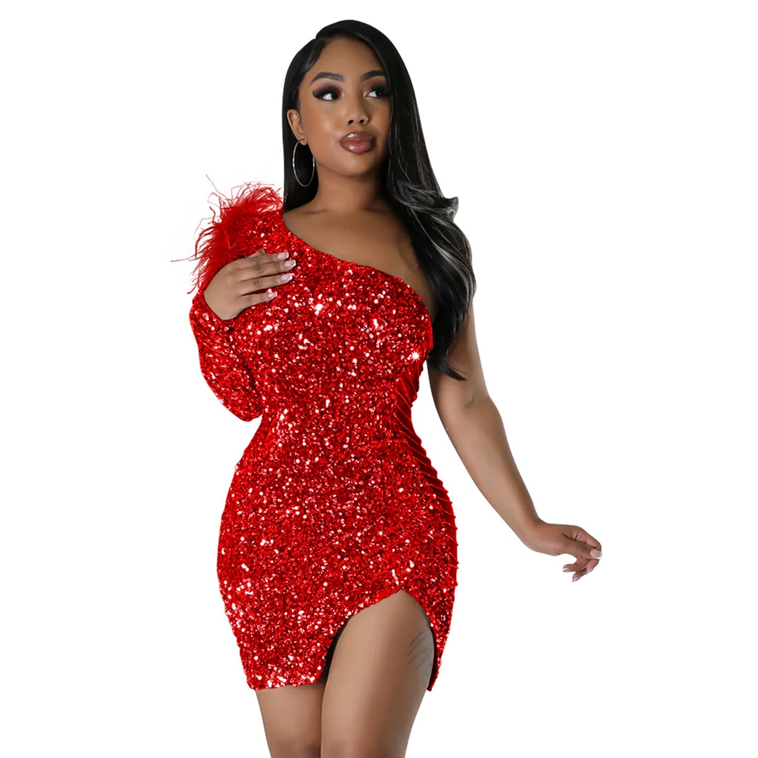 Women Wear Sexy One Shoulder Sequined Split Sheath Dress Red