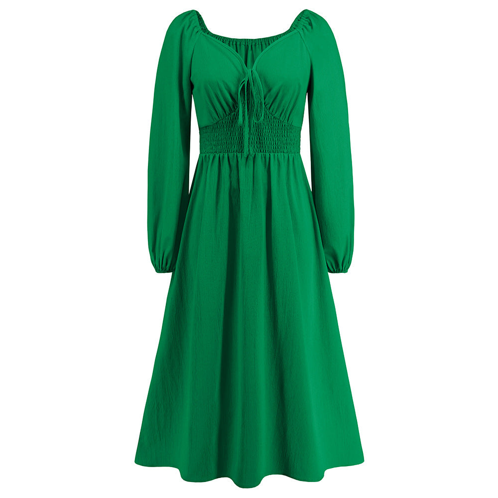 Women Clothing Autumn Winter V Neck Slim Fit Graceful Long Sleeve Women Dress Green