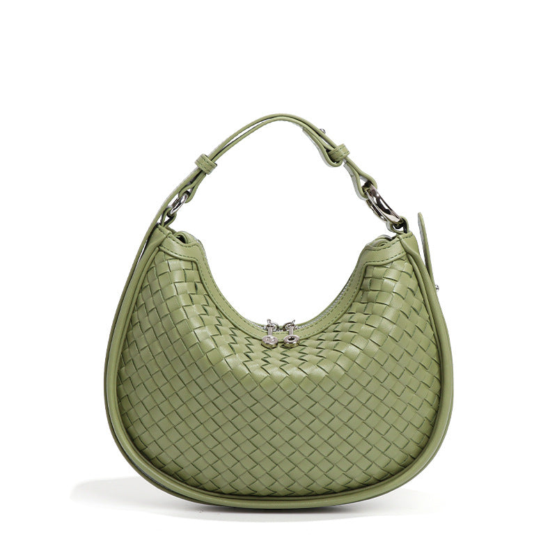 Woven Bag Women Woven Bag Idle Soft Leather Textured Oval Saddle Hand Carrying Selenodont Bag One Size Cave Stone Green