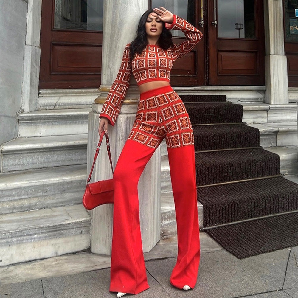 Women Clothing Autumn Winter National Printed Plaid Long Sleeve Short Top High Waist Straight Leg Pants Sets Red