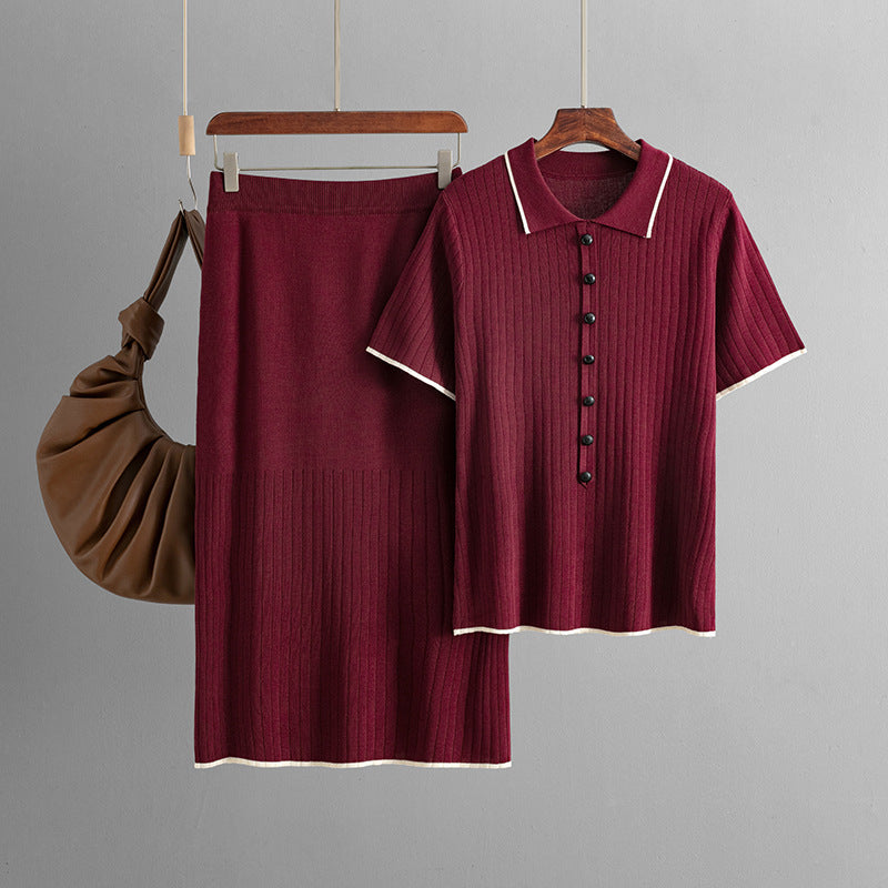 Women Clothing Elegant Knitted Skirt Set Spring Summer Polo Collar Two Piece Set One Size Burgundy