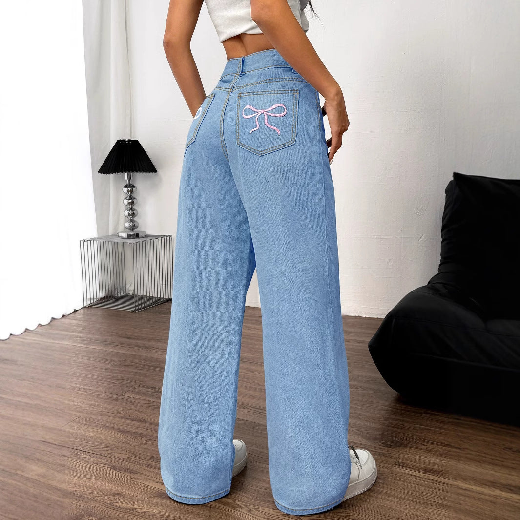 Women Clothing Trend Bow Embroidered Denim Trousers