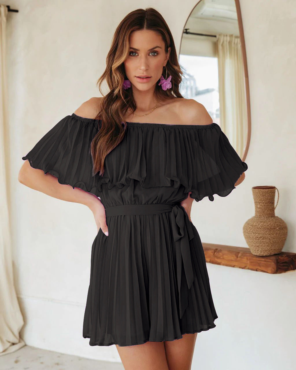 Summer Sexy Casual Vacation off Shoulder Pleated Backless Short Sleeve Jumpsuit