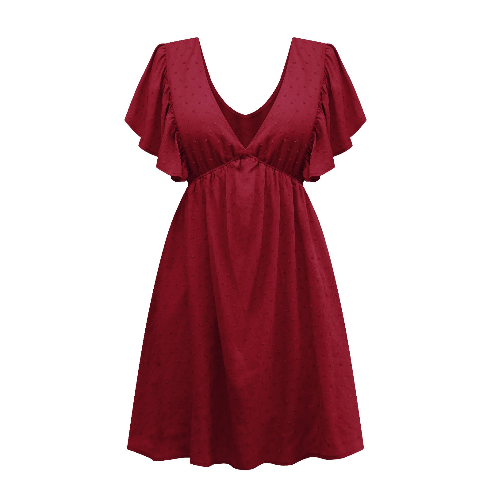 Summer Women Clothing Lotus Leaf Sleeve V-neck Backless T-shirt Dress Loose Casual Dress New S Wine Red