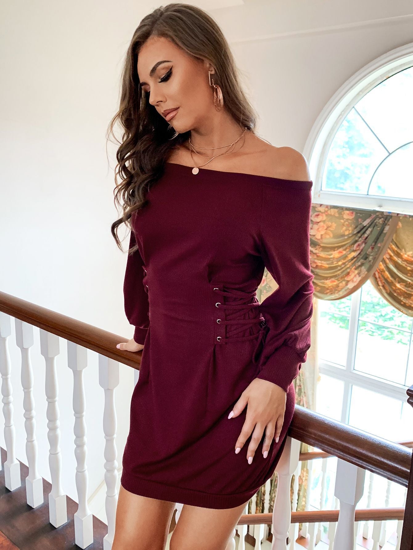 Women Spring Autumn Dress off Shoulder Waist Belt Puff Sleeve Knitted Office Dress Wine Red