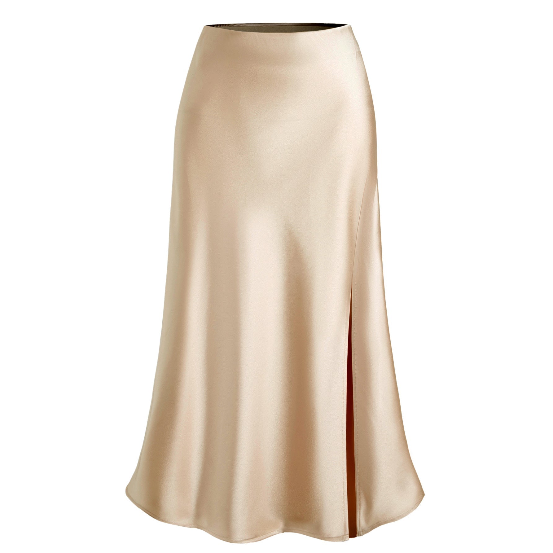 Women Clothing Satin Skirt High Waist Elastic Oblique Slit Long Skirt Sexy Hip Skirt Gold