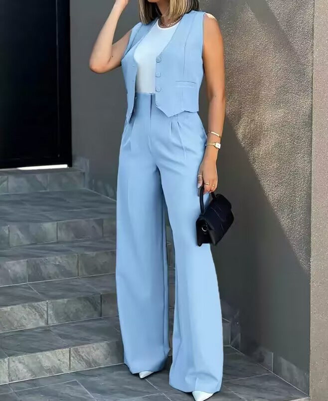 Women Vest Jacket Wide Leg Pants Casual Set skyblue