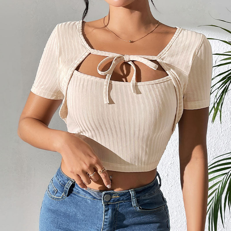 Summer Sexy Hollow Out Cutout Solid Color False Two Piece Set Top for Women