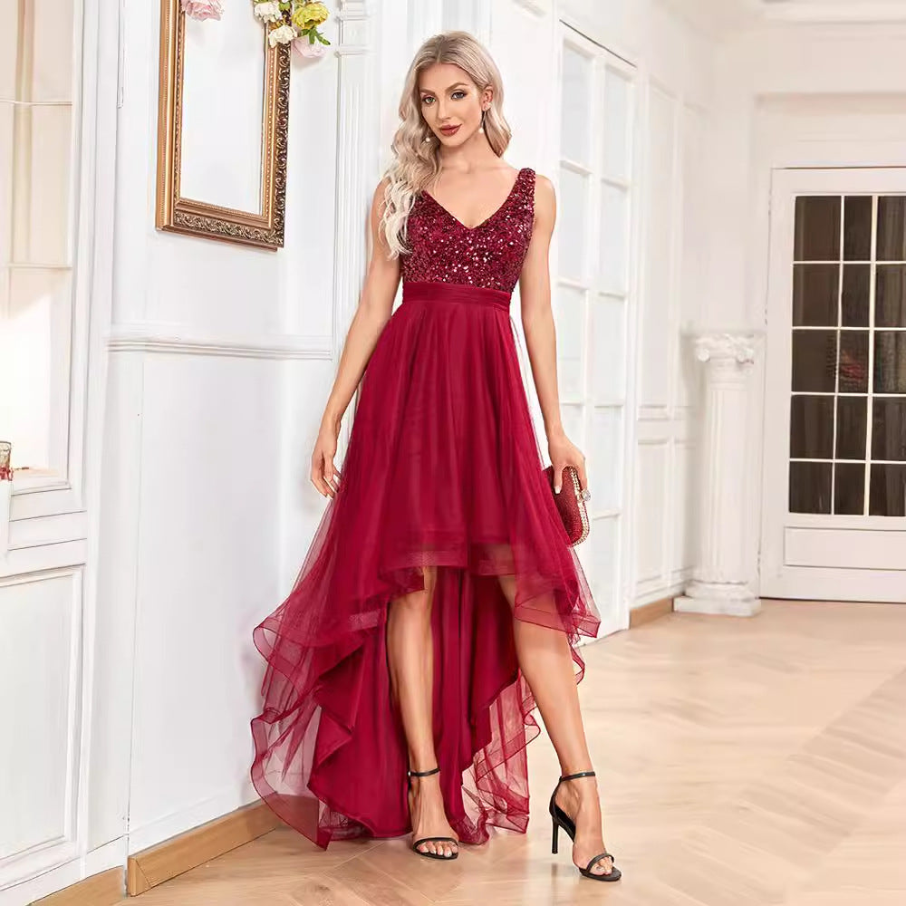 Women Chiffon Bridesmaid Dress Double V neck Dress Sleeveless A line Large Hem Sequin Stitching Evening Dress