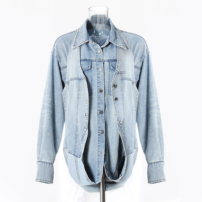 Spring Personalized Minority Three Wearing Methods Sexy Halterneck Vest Denim Coat Women Blue