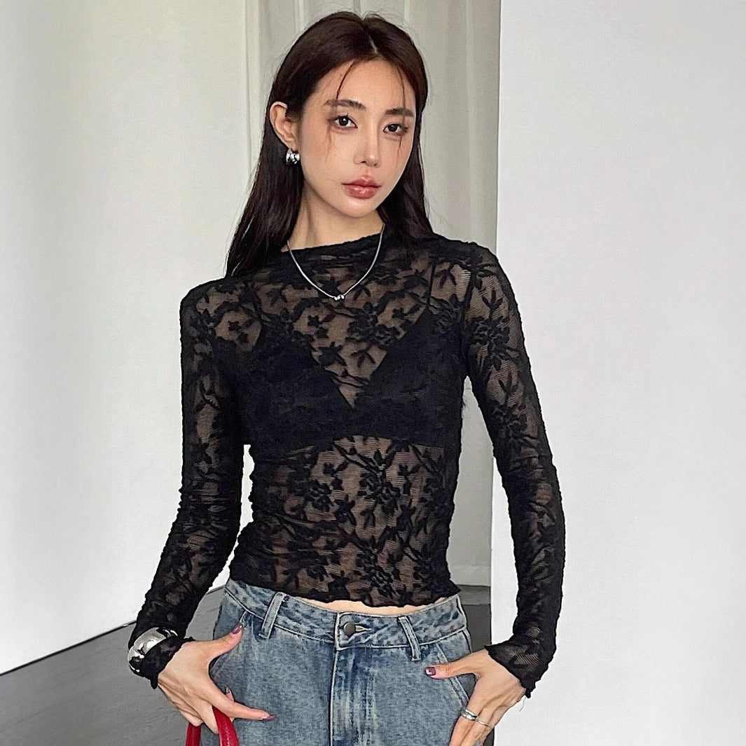 Women Small Stand Collar Transparent Lace Tight Long Sleeved T shirt Top Women