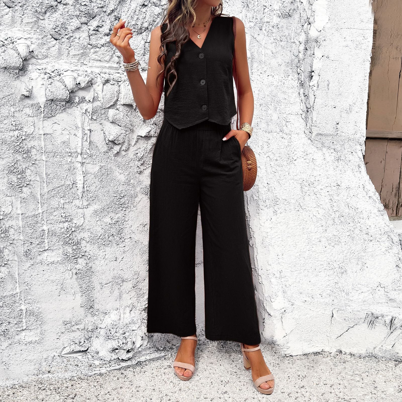 Women Wear Spring Summer Casual Solid Color Vest Suit Black