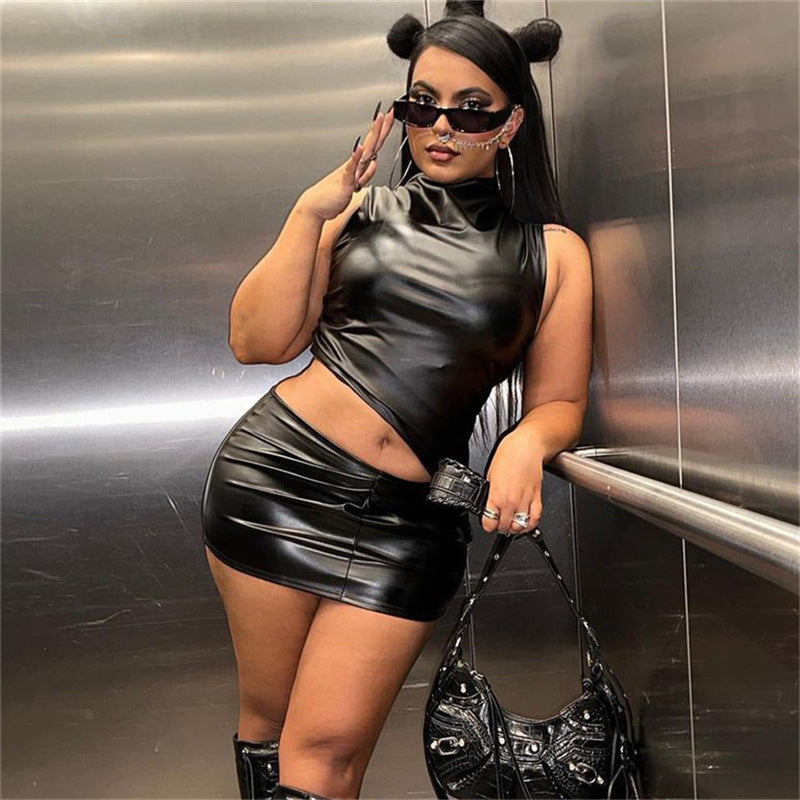 Women Clothing Summer Black Faux Leather Face Stand Collar Sleeveless Pleated Irregular Asymmetric Cropped Outfit Hip Skirt Set for Women