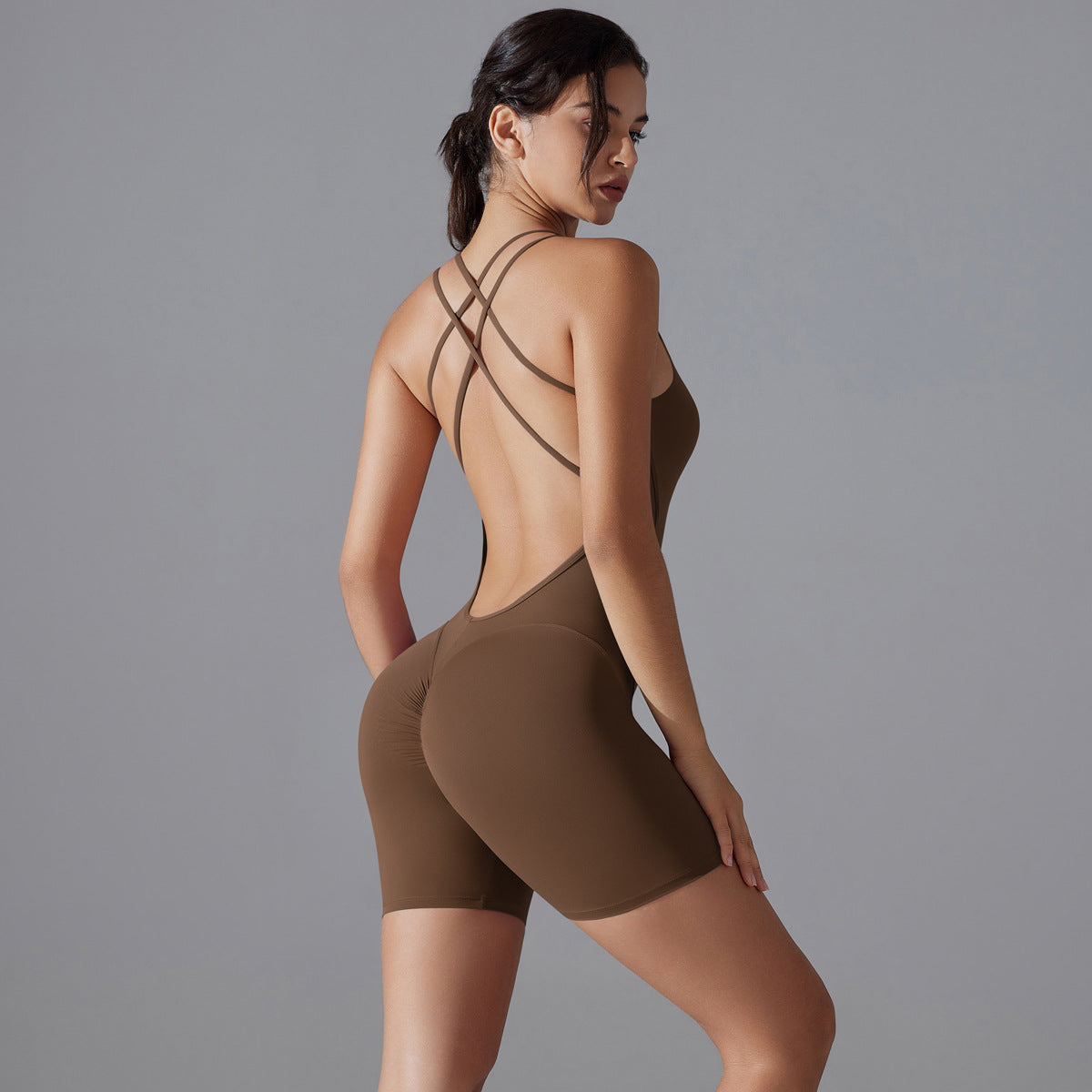 Spring Summer Gym Sexy Shaping Romper Yoga Clothes One Piece Belly Contracting Close Fitting Sports Back Shaping One Piece Chestnut