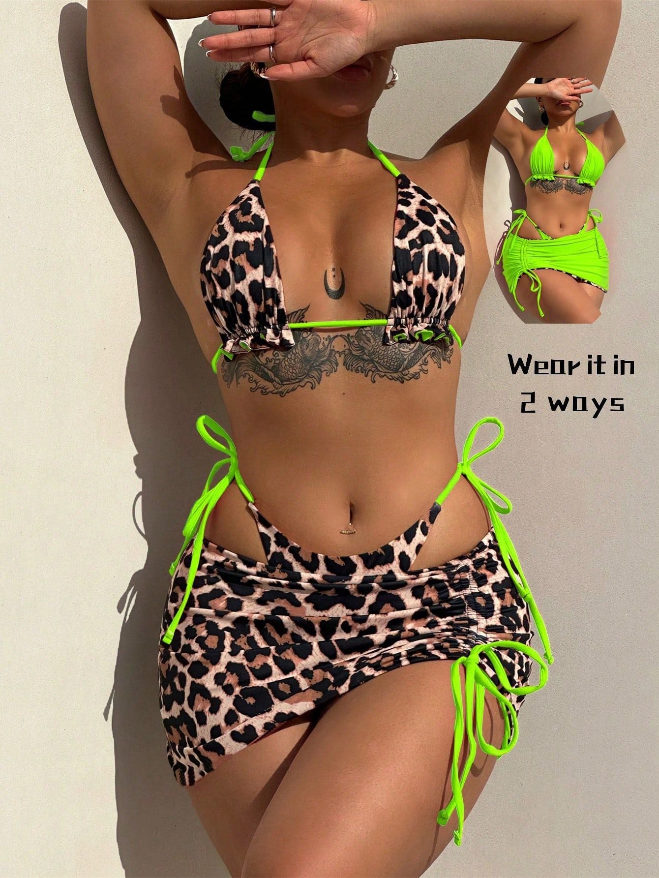 Arrival Three Piece Swimsuit Women Double Sided Leopard Print Halter Bikini Swimsuit Summer Beach fluorescent green