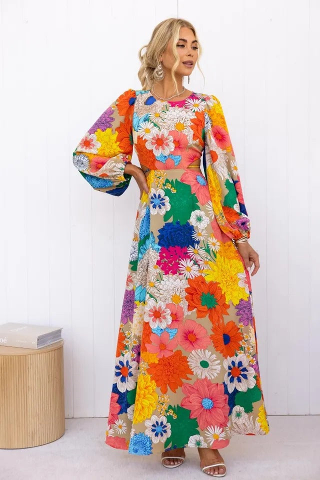 Years Autumn Winter Print round Neck Lantern Sleeve Long Waist Dress- Printed Dress