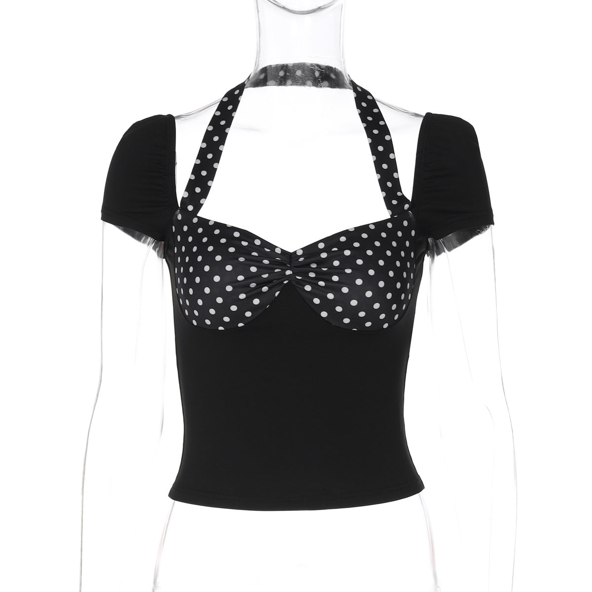 Women Clothing Spring Summer Halter Short Sleeve Backless Top Polka Dot Stitching T shirt Top Black