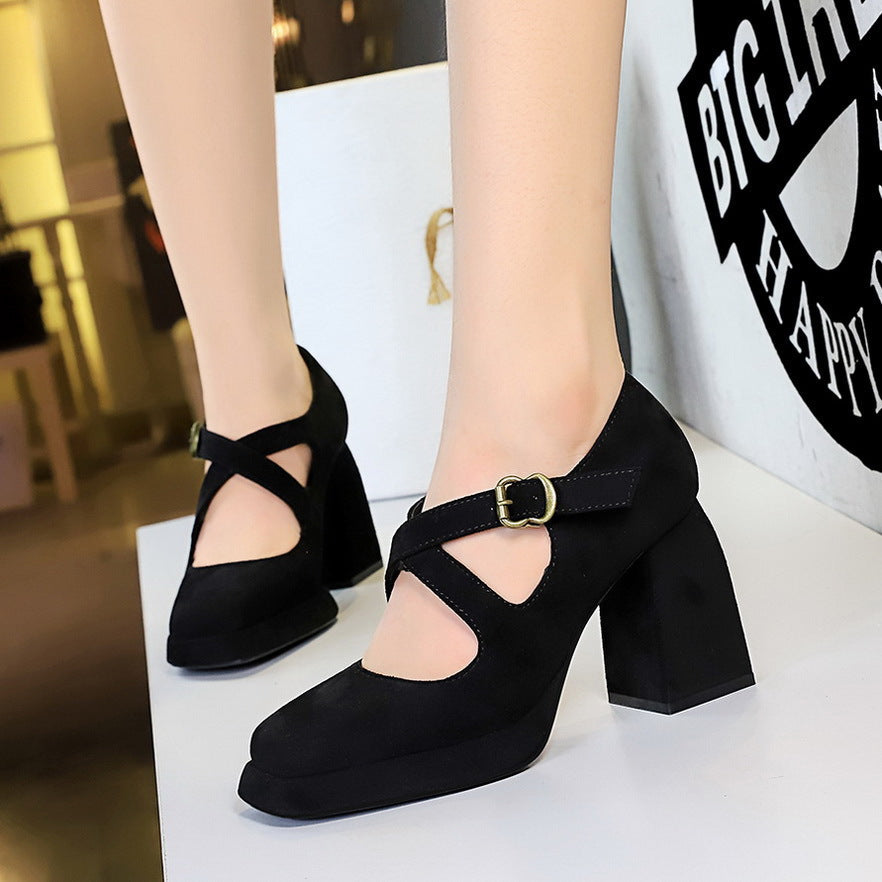 Women Shoes High Heel Chunky Heel Waterproof Platform Low Cut Square Toe Belt Buckle Suede Cross Strap Pumps Women Black