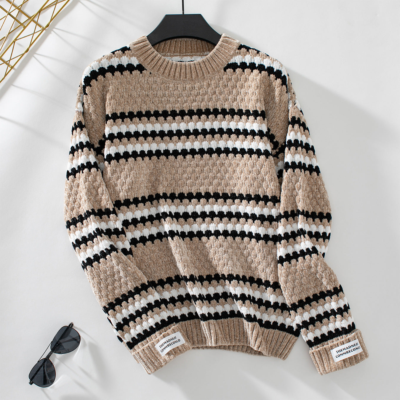 Wool Rain Contrast Color Striped round Neck Pullover Top Chenille Sweater Women Loose Soft Glutinous Sweater Khaki