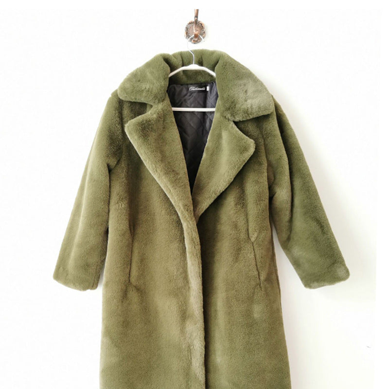 Winter Faux Rabbit Fur Coat Women Lengthened Knee Length Faux Fur Coat Thickened Warm Plush Coat Army Green