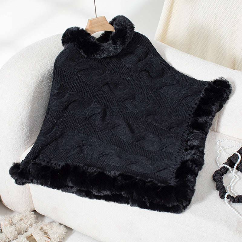 Women Clothing Autumn Winter Imitation Rex Rabbit Fur Collar Thick Cable Knit Pullover Sweater Cloak F Black