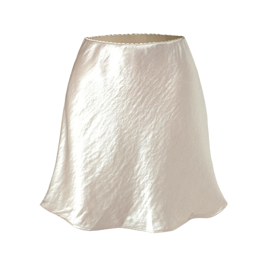 Women Lace Satin Skirt Texture Scratch Elastic Skirt Simple Mini Skirt