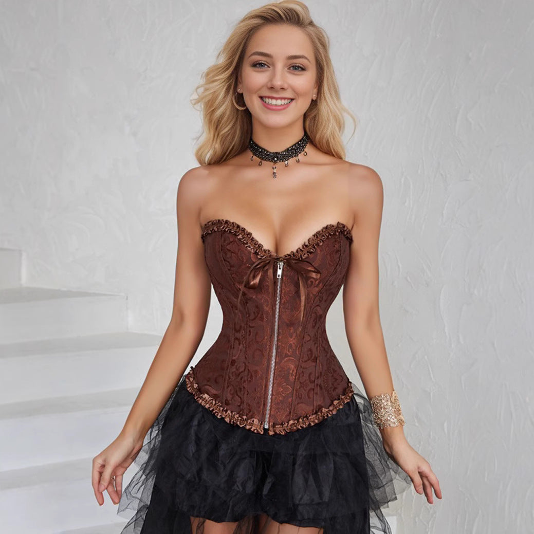 Supply Court Corset Women Zipper Tight Corset Chest Plate Gathered Wedding Corset Brown