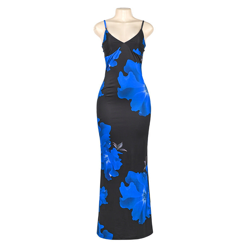 Summer Sexy Sleeveless Strap Floral Print Maxi Dress Blue