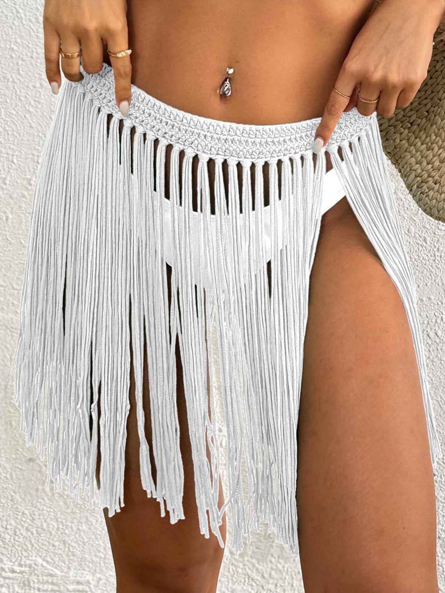 Women Lace up Skirt Women Clothing Beach Beach Cover Up Pure Hand Crocheting Tassel Skirt Overskirt One Size White