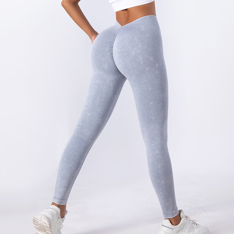 Yoga Pants Washed Seamless V Waist High Elastic Sports Yoga Fitness Tight Trousers Yoga Trousers Light Blue