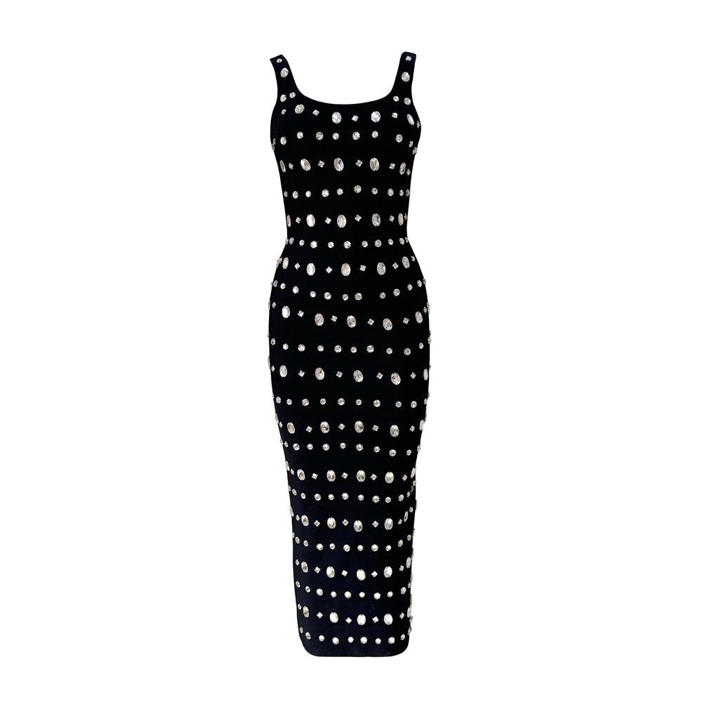 Women Sling U Neck Sleeveless Beaded Bandage One Piece Dress Ladies Party Formal Dress Black