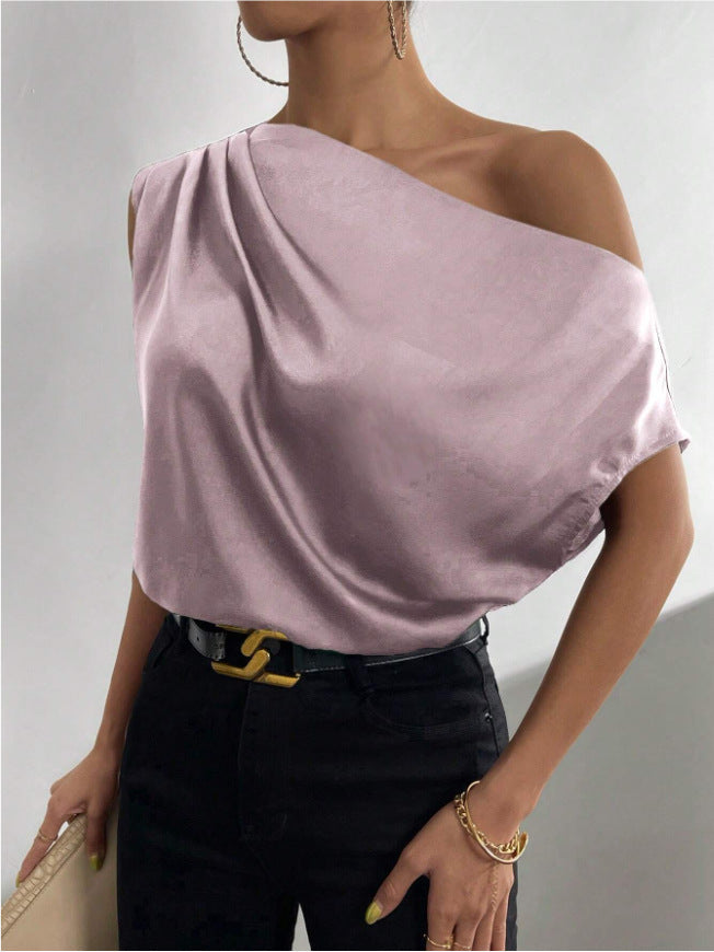 Spring Solid Color Satin Artificial Silk Irregular Asymmetric Shoulder off Shoulder Pullover Sleeveless Shirt Women Clothing Lavender