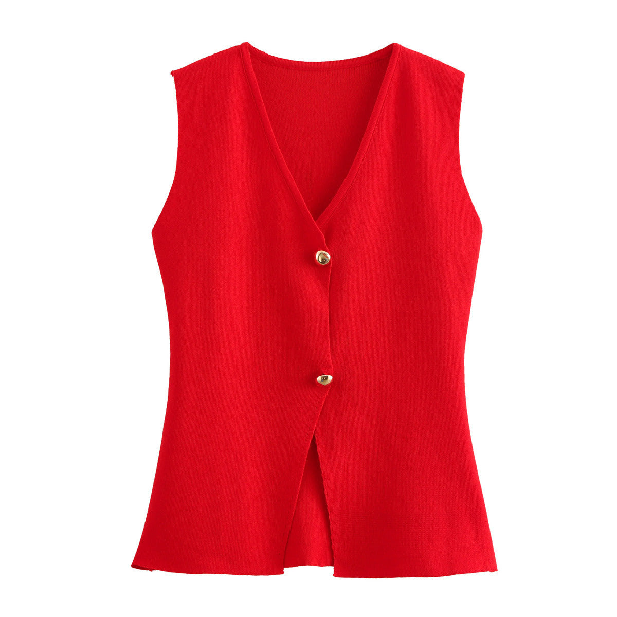 Women Golden Women Ornament Button Knitted Asymmetric Vest Top Red