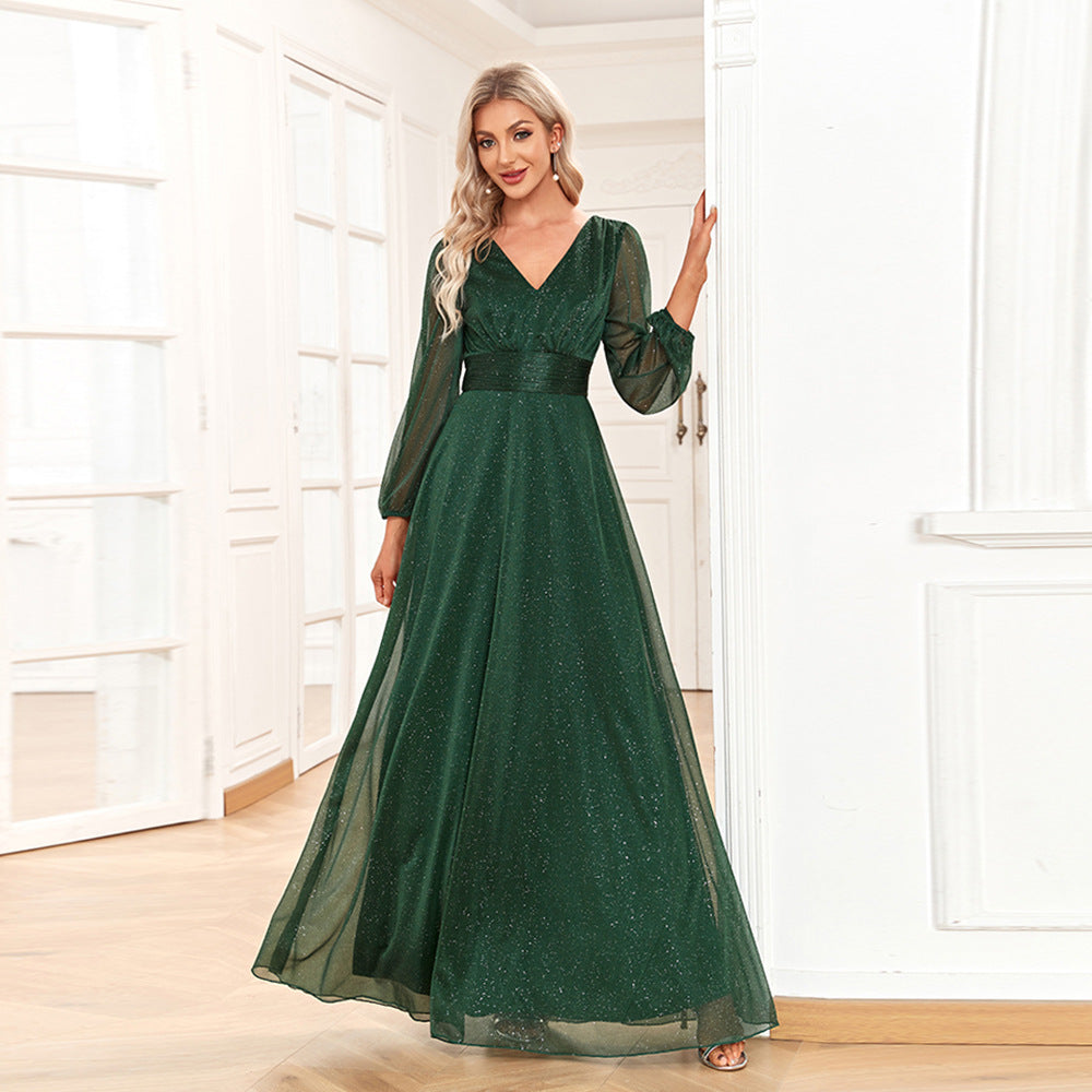 Women Elegant V Neck Shiny Chiffon Evening Dress A line Sheer Long Sleeve Wedding Party Dress Bridesmaid