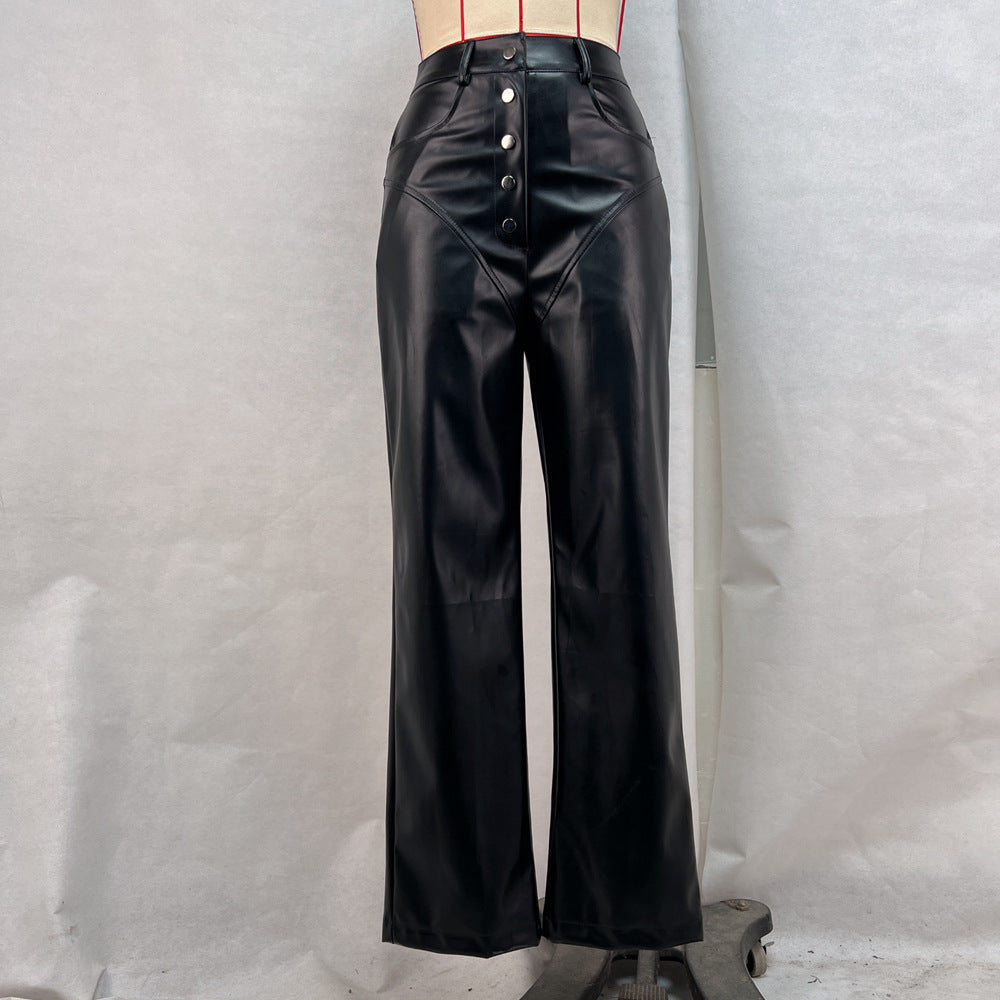 Women Autumn Winter High Waist Leather Stitching Trousers Women Casual Pants Leather Pants Black