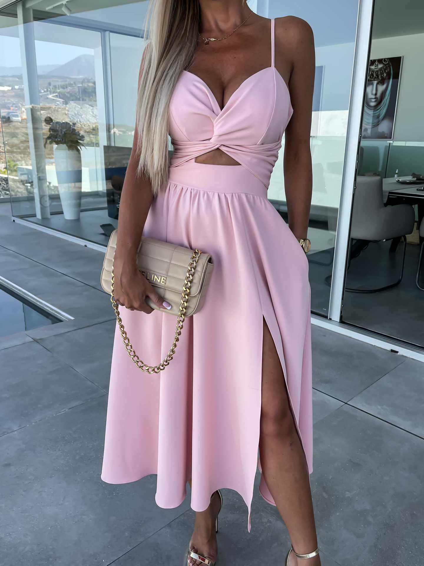 Summer Socialite Deep V Plunge neck Hollow Out Cutout- Big Slit Hemline Camisole Gown Dress Light pink