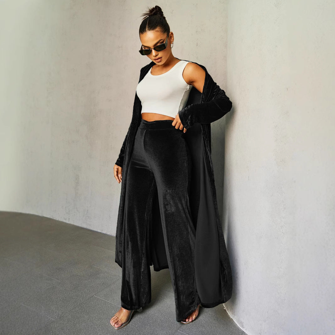 Women Clothing Autumn Winter Gold Velvet Solid Color Slim Trousers Cloak Two Piece Set Women