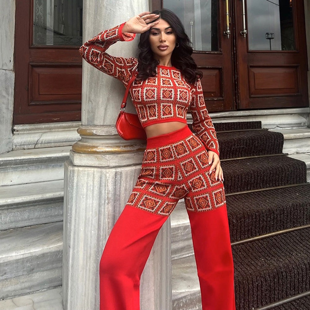 Women Clothing Autumn Winter National Printed Plaid Long Sleeve Short Top High Waist Straight Leg Pants Sets