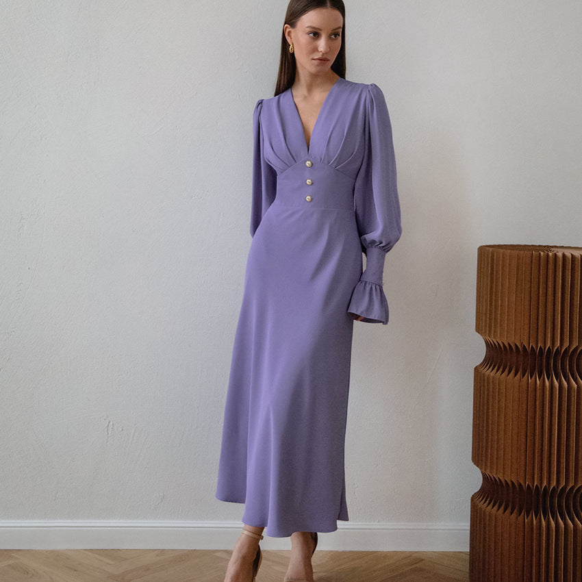 V neck Dress Autumn Simplicity Slim Fit A line Dress Women French Chiffon Midi Dress Purple