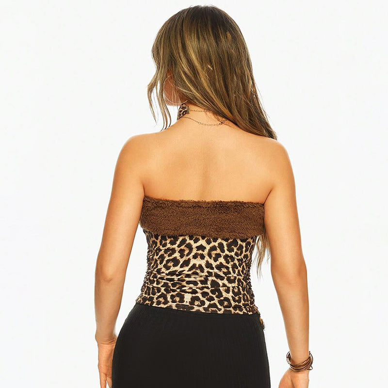 Wild Girl Sexy Leopard Print Furry Stitching Bow Chest Tube Top Personality All Match Waist Backless Top