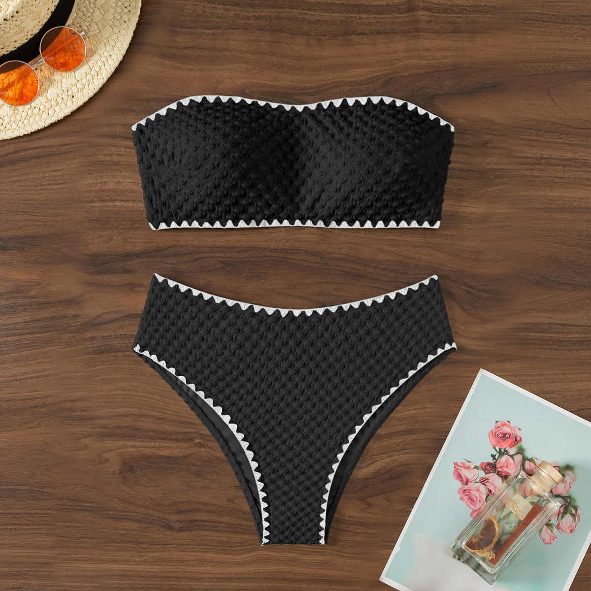 Swimwear Solid Color Bikini Sexy Tube Top Bikini Women Seperated Swimwear Lock High Waist Black