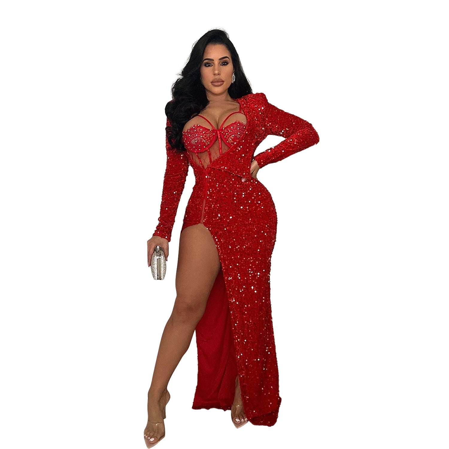 Women Wear Solid Color Sequ Sexy Slit Maxi Dress Red