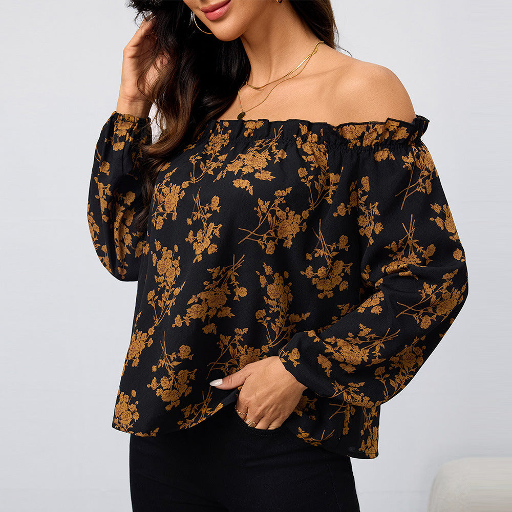 Women Clothing off Shoulder Women Shirt Autumn Winter Floral Elegant Long Sleeve Top Black Background Organge Flower