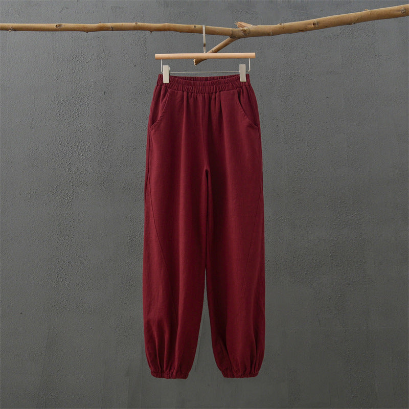 Spring Summer Cotton Linen Women Clothing Retro Stone Washed Ramie Bamboo Section Casual Trousers Women Cotton Linen Knickerbockers Yoga Pants Burgundy